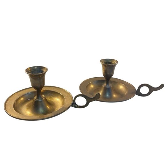 Pair Candlestick Holders Chamber Sticks Aged Uncleaned Patina 4.5" x 3" India - Picture 1 of 8
